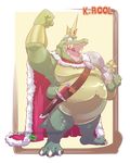  3_toes anthro barefoot cape clothing crocodile crocodilian crown donkey_kong_(series) fischhead king_k_rool male nintendo reptile scalie solo toes video_games weapon 