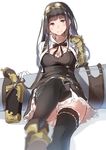  black_hair breasts commentary_request goggles goggles_on_head granblue_fantasy highres jessica_(granblue_fantasy) long_hair medium_breasts nanahara_fuyuki sitting skirt solo sword thighhighs weapon 