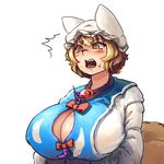 1girl blonde_hair breasts chanta_(ayatakaoisii) cleavage dress extra_ears eyes fang gap hands_in_opposite_sleeves hat huge_breasts long_sleeves open_mouth pillow_hat ribbon short_hair simple_background solo surprised sweatdrop tabard touhou white_background yakumo_ran 