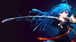  black_bullet blue_hair highres holding holding_sword holding_weapon katana long_hair purple_eyes school_uniform solo sword tendou_kisara weapon 