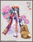  bangs black_hair border botan_(flower_knight_girl) chinese_clothes chow_chow copyright_name dog dress floral_background floral_print flower flower_knight_girl full_body grey_background grey_border headdress holding long_hair long_sleeves looking_at_viewer official_art orb peony_(flower) purple_eyes shoes solo standing tokiame tsurime twintails wide_sleeves 