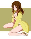  breasts brown_eyes brown_hair cleavage kneeling long_hair medium_breasts navel solo tsukihime ue-sita yellow_background yumizuka_satsuki 