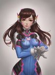  absurdres bangs bodysuit breasts brown_eyes brown_hair d.va_(overwatch) facial_mark gloves headphones highres impossible_clothes impossible_shirt lipgloss lips long_hair looking_at_viewer medium_breasts overwatch parted_lips pilot_suit qian_yi shirt skin_tight smile solo swept_bangs whisker_markings white_gloves 