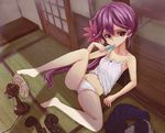  akebono_(kantai_collection) anchor_symbol bare_shoulders barefoot bell camisole clothes_removed collarbone electric_fan fan flower food hair_bell hair_flower hair_ornament indoors jingle_bell kantai_collection legwear_removed licking long_hair looking_at_viewer lying midriff nanai on_back panties pleated_skirt popsicle purple_hair school_uniform serafuku side_ponytail skirt solo tatami tongue tongue_out underwear underwear_only white_panties 