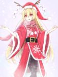  1girl :d belt black_legwear blonde_hair blush christmas dress eyebrows_visible_through_hair fake_antlers fur-trimmed_dress fur-trimmed_hat hair_between_eyes hat highres junko_(touhou) long_hair looking_at_viewer musteflott419 open_mouth outstretched_arms pantyhose red_dress red_eyes red_hat santa_hat scarf smile snow solo touhou very_long_hair 