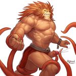  2016 abs anthro biceps big_muscles black_nose bound brown_fur clenched_teeth clothed clothing cum cumshot erection fangs feline fist fur humanoid_penis leo_(red_earth) lion looking_at_viewer male mammal muscular muscular_male nipples orgasm pecs penis raymond158 red_earth scar simple_background solo standing teeth tentacles thick_penis topless vein veiny_penis white_background yellow_eyes 