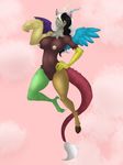  2016 anthro anthrofied antlers areola big_breasts black_hair blue_feathers blue_horn breasts brown_fur claws crossgender discord_(mlp) draconequus fangs feathered_wings feathers female friendship_is_magic fur green_scales hair hand_on_hip hi_res horn long_hair looking_at_viewer lurkingtyger membranous_wings my_little_pony navel nipples nude pink_background pink_nipples pussy red_eyes red_scales scales simple_background smile solo toe_claws white_claws white_fur white_hair wings yellow_scales yellow_sclera 