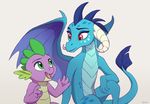  akeahi dragon duo female friendship_is_magic green_eyes horn male my_little_pony princess_ember_(mlp) scales scarlet_eyes simple_background smile spike_(disambiguation) white_background wings 