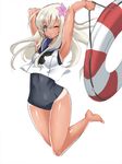  blonde_hair blue_eyes breasts crop_top flower hair_flower hair_ornament jumping kantai_collection lifebuoy long_hair maron_(kagamikunn) one-piece_tan one_eye_closed ro-500_(kantai_collection) sailor_collar school_swimsuit small_breasts solo swimsuit swimsuit_under_clothes tan tanline 
