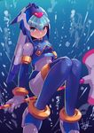  android blue_eyes boots glaive helmet highres leviathan_(rockman) rockman rockman_zero signature smile snowflakes solo tesshii_(riza4828) thighhighs underwater 