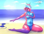  2016 3_eyes alien amphibian anthro areola big_breasts bikini breasts clothed clothing covering covering_breasts covering_self female fin fish gills helium2 hylotl mammal marine multi_eye navel nipples open_mouth outside red_eyes seaside shiny solo starbound swimsuit topless video_games 