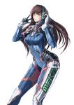  bangs bodysuit breasts brown_eyes brown_hair contrapposto cowboy_shot d.va_(overwatch) facial_mark gloves headphones highres lipgloss lips long_hair looking_at_viewer medium_breasts overwatch parted_lips pilot_suit saggitary simple_background smile solo standing swept_bangs whisker_markings white_background white_gloves 
