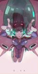  aiming_at_viewer bad_id bad_pixiv_id bangs bodysuit breasts brown_eyes brown_hair character_name d.va_(overwatch) facial_mark finger_gun gloves headphones highres large_breasts long_hair looking_at_viewer lying mecha meka_(overwatch) on_back open_mouth overwatch pilot_suit pointing pointing_at_viewer reroi solo swept_bangs upside-down whisker_markings white_gloves 