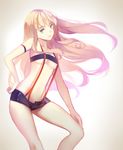  armband bandeau bangs bare_shoulders beige_background beltbra black_shorts blonde_hair blue_eyes bra breasts closed_mouth collarbone contrapposto floating_hair gradient gradient_background hand_on_hip hand_on_own_thigh head_tilt highres leaning_forward light_smile lipstick long_hair looking_at_viewer looking_to_the_side macross macross_frontier makeup medium_breasts nail_polish no_navel orange_nails pink_lips shade sheryl_nome short_shorts shorts slyvia smile solo standing stomach strap_gap strapless suspender_shorts suspenders underboob underwear 