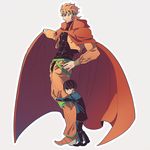  abs black_hair black_nails blonde_hair blue_eyes bowl_cut cape child dio_brando earrings father_and_son from_side full_body giorno_giovanna hand_on_hip headband jacket jewelry jojo_no_kimyou_na_bouken knee_pads leg_cling leg_hug male_focus multiple_boys muscle nail_polish outline pointy_shoes shoes takanashi_hinami younger 