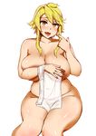  akame_ga_kill! belly blonde_hair breasts brown_eyes cleavage fang highres huge_breasts leone long_hair nude plump pubic_hair simple_background solo sweat thick_thighs thighs tongue towel white_background yosyo 