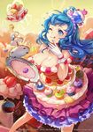  2004 2016 ;q bare_shoulders blue_eyes blue_hair blush breasts cleavage company_name crown cup cupcake dress dutch_angle english fei_(idws321) food food_on_body food_on_face food_themed_clothes fruit gloves heart heaven_of_goddess large_breasts licking_lips long_hair looking_up macaron number one_eye_closed smile solo spilling standing strawberry teacup tiered_tray tongue tongue_out tray watermark whipped_cream 