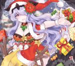  1girl antlers box breasts camilla_(fire_emblem_if) candy candy_cane choker cleavage fire_emblem fire_emblem_if flower food fur_trim gift gift_box hair_flower hair_ornament hair_over_one_eye hat lollipop long_hair nintendo open_mouth plushcharm pom_pom_(clothes) purple_eyes purple_hair red_hat reindeer_antlers santa_costume santa_hat snowflakes solo tiara twitter_username wristband 