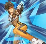  arnat_chintanont bodysuit brown_hair dual_wielding emphasis_lines freckles goggles gun handgun holding jacket looking_at_viewer orange_bodysuit overwatch short_hair smile solo spiked_hair tracer_(overwatch) weapon 