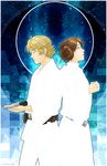  1girl back-to-back blonde_hair blue_background brother_and_sister brown_hair closed_eyes energy_sword gun hair_bun hands_clasped highres holding holding_weapon lightsaber looking_up luke_skywalker own_hands_together parted_lips princess_leia_organa_solo siblings star_wars sword twins weapon wide_sleeves zombiedaisuke 