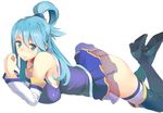  aqua_(konosuba) ass bare_shoulders blue_eyes blue_footwear blue_hair blue_legwear blush boots breasts commentary_request detached_sleeves hair_ornament kono_subarashii_sekai_ni_shukufuku_wo! large_breasts legs_up long_hair looking_at_viewer lying no_panties on_stomach ryuuta_(msxtr) see-through simple_background skirt smile solo the_pose thigh_boots thighhighs white_background white_legwear 