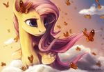  2014 arthropod bare_shoulders blue_eyes butterfly cloud equine feathers female feral fluttershy_(mlp) friendship_is_magic fur hair insect long_hair mammal my_little_pony outside pegasus pink_hair solo turnipberry wings yellow_fur 