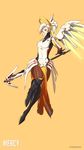  absurdres artist_name bad_revision blonde_hair blue_eyes boots breasts character_name full_body high_ponytail highres holding knee_boots long_hair looking_away md5_mismatch mechanical_halo mechanical_wings medium_breasts mercy_(overwatch) overwatch pantyhose ponytail sanderson short_hair simple_background solo staff wings yellow_background yellow_wings 