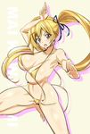  bikini blonde_hair blush breasts collarbone female fighting_pose highres kawakami_mai large_breasts long_hair long_twintails looking_at_viewer metk micro_bikini mole musaigen_no_phantom_world purple_eyes solo standing string_bikini swimsuit twintails wardrobe_malfunction yellow_bikini yellow_swimsuit 