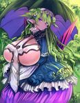  breasts dress fang gigantic_breasts green_hair highres huge_breasts last_period looking_at_viewer meldia_(last_period) pointy_ears purple_eyes revealing_clothes short_hair solo tahnya umbrella 