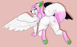  2016 all_fours anthro anus black_claws black_feathers butt canine claws ear_piercing feathered_wings feathers female fur green_eyes green_fur green_pawpads half-closed_eyes looking_at_viewer looking_back mammal markings nude pawpads piercing pink_fur pussy raised_tail rear_view ryokowolf_(character) simple_background smile solo star thelonesparrow toe_claws tongue tongue_out white_background white_feathers white_fur wings wolf 