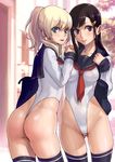  :d ass ass_visible_through_thighs bag black_hair black_legwear blonde_hair blue_eyes blush breasts brown_eyes cover covered_nipples cowboy_shot hair_ornament hairclip heart highleg highleg_leotard highres holding_hands leotard looking_at_viewer medium_breasts multiple_girls neckerchief number open_mouth original over_shoulder ponytail sailor_collar sawaragi school_bag smile standing thighhighs thong_leotard 