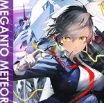  album_cover blazer cover eyewear_removed glasses gloves grey_hair headset highres holding holding_eyewear jacket looking_to_the_side masa_(masa-koba) mecha necktie original red_neckwear science_fiction serious short_hair solo text_focus upper_body wind yellow_eyes 