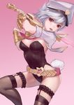  absurdres bangs belt black_legwear black_leotard breasts bunny_tail bunnysuit cropped_jacket eyelashes folded_ponytail frills garter_straps garters hair_between_eyes hands_up hat head_tilt highres holding holding_sword holding_weapon league_of_legends leotard long_hair looking_at_viewer medium_breasts necktie no_ears open_mouth peaked_cap pink_lips pink_neckwear red_eyes riven_(league_of_legends) shade short_hair shou_xun_bu_liang silver_hair simple_background sleeves_rolled_up solo strapless strapless_leotard swept_bangs sword tail teeth thighhighs vambraces weapon white_hair white_hat 