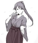  gloves hagane_soushi hair_ribbon hakama houshou_(kantai_collection) japanese_clothes kantai_collection kimono long_hair looking_at_viewer monochrome partly_fingerless_gloves ponytail ribbon single_glove sketch smile solo tasuki wide_sleeves wind yugake 