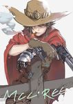  absurdres ammunition bangs black_hair brown_gloves cape character_name cigar cowboy_hat cowboy_shot genderswap genderswap_(mtf) gloves gun hair_between_eyes handgun hat hat_over_one_eye highres holding holding_gun holding_weapon leaning looking_at_viewer mccree_(overwatch) mechanical_arm mouth_hold nogchasaeg_(karon2848) overwatch prosthesis red_cape revolver short_hair simple_background single_glove smirk smoke smoking solo spiked_hair torn_cape torn_clothes torn_hat weapon yellow_eyes 