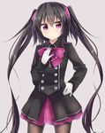  absurdres amano_kouki black_hair black_legwear blush bow buttons collar cross gloves hair_ribbon highres long_hair long_sleeves looking_at_viewer note-chan original pantyhose purple_eyes purple_ribbon ribbon simple_background smile solo twintails very_long_hair white_gloves 