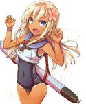  blonde_hair blue_eyes breasts ecchim fang flower hair_flower hair_ornament highres kantai_collection long_hair one-piece_swimsuit open_mouth ro-500_(kantai_collection) school_swimsuit small_breasts smile solo swimsuit tan torpedo wristband 