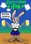 2016 alcohol anthro barefoot beer beverage blush buckteeth chucky_(artist) clothed clothing disney dress english_text female food hi_res holding_object judy_hopps lagomorph long_ears mammal midriff navel rabbit simple_background smile solo teeth text zootopia 