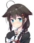  black_serafuku blue_eyes braid brown_hair hair_flaps hair_ornament hair_over_shoulder hairclip hand_on_own_chest kantai_collection neckerchief portrait red_neckwear remodel_(kantai_collection) school_uniform serafuku shigure_(kantai_collection) single_braid solo tomineko_(tomineko_p) 