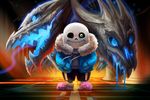  animated_skeleton anthro blue_eyes bone clothing fangs gaster_blaster hoodie looking_at_viewer not_furry sans_(undertale) skeleton slippers smile solo tsaoshin undead undertale video_games 