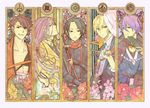  blonde_hair blue_eyes brown_hair camellia cherry_blossoms column_lineup ebippoid flower hachisuka_kotetsu hood japanese_clothes kasen_kanesada kashuu_kiyomitsu katana male_focus mole mole_under_mouth multiple_boys mutsu-no-kami_yoshiyuki necktie purple_hair red_eyes scarf smile sword touken_ranbu weapon yamanbagiri_kunihiro 