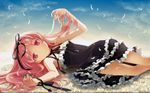  dress female flower garden_(game) h2so4 hair_ribbon highres himemiya_ruri long_hair lying petals pink_eyes pink_hair solo 