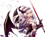  armor bare_shoulders black_gloves breasts dark_jeanne demon_girl demon_wings eredhen gloves granblue_fantasy highres jeanne_d'arc_(granblue_fantasy) large_breasts long_hair looking_at_viewer red_eyes shirt silver_hair skirt smile solo sword very_long_hair wavy_hair weapon wings 