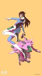  absurdres armor artist_name ass bad_revision bangs bodysuit boots breasts brown_eyes brown_hair cannon character_name d.va_(overwatch) facial_mark full_body gatling_gun gloves gun handgun headphones highres holding holding_gun holding_weapon long_hair looking_at_viewer md5_mismatch mecha medium_breasts meka_(overwatch) open_mouth overwatch pilot_suit sanderson simple_background smile solo swept_bangs thigh_boots thighhighs weapon whisker_markings white_footwear white_gloves yellow_background 