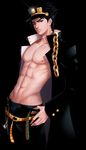  &gt;:( abs ankkoyom artist_name bad_id bad_pixiv_id belt black_coat black_hair black_hat black_pants blue_eyes boxers buckle chain chest closed_mouth coat cowboy_shot frown gakuran glint groin hand_on_hip hat highres jojo_no_kimyou_na_bouken kuujou_joutarou lens_flare long_coat long_sleeves male_focus male_underwear navel nipples open_clothes open_coat pants pectorals school_uniform shade shirtless simple_background solo stardust_crusaders stomach unbuckled_belt underwear v-shaped_eyebrows 