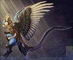  4_fingers angel_dragon back_spikes horn hybrid smile solo sun_light twilightsaint wings 