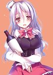  bottle breasts brown_eyes drunk grey_hair hat kantai_collection large_breasts long_hair mini_hat pola_(kantai_collection) solo wavy_hair yuzuki_kotona 