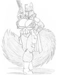  2016 anthro armor big_breasts bikini bikini_top boba_fett boots breasts cleavage clothed clothing cosplay fluffy fluffy_tail footwear gun haley_maruti hand_on_hip helmet huge_breasts jewelry monochrome necklace nipple_bulge pants ranged_weapon ring star_wars swimsuit weapon wolfkidd 