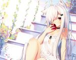  apple catgirl chiri_(atlanta) cropped food fruit long_hair orange_eyes original white_hair 