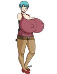  1girl bangs breasts bulma dbz dragon_ball dragonball_z erect_nipples full_body gigantic_breasts looking_at_viewer simple_background solo standing white_background 